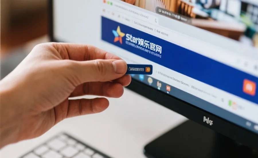 桌面场景下，一只手正在将星欧娱乐官网的官方网站加入浏览器书签，画面突出安全感和便捷性