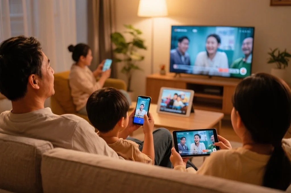 一家人在客厅使用不同设备(手机、平板、电视)同步观看同一个娱乐内容,氛围温馨