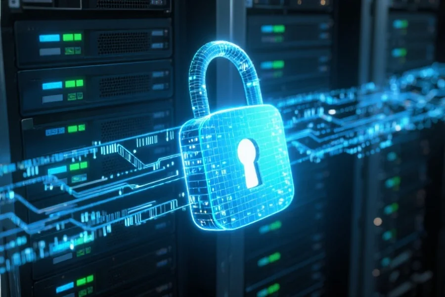 数据安全概念图,虚拟锁覆盖在数据流和服务器图像上,体现强大的信息保护